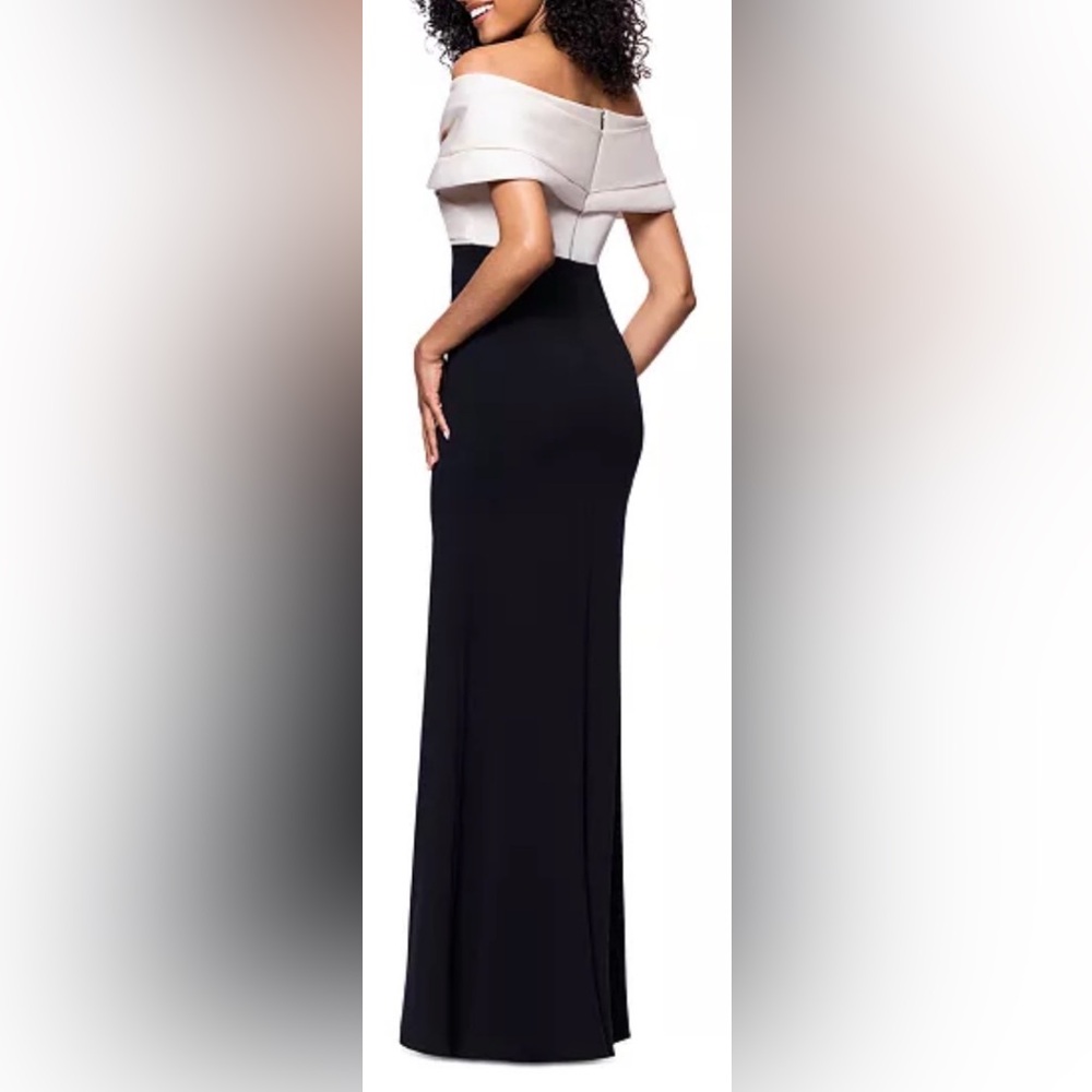 Off-shoulder black and white formal /evening dress. Pleated collar front slit 10